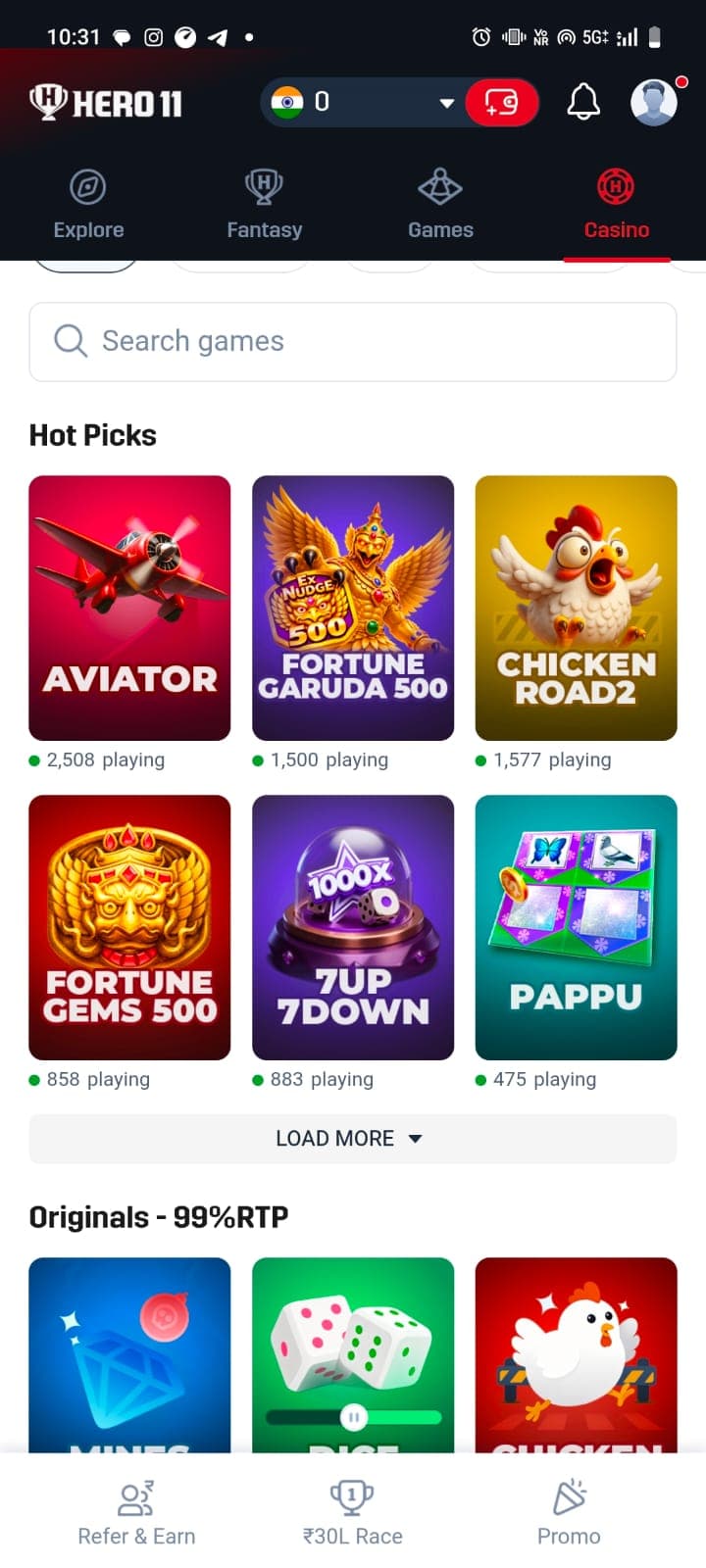 Hero11 Casino and Games grid featuring Aviator, Fortune Garuda 500, and Chicken Road 2