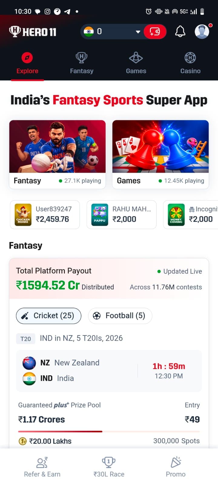 Hero11 India's Fantasy Sports Super App interface banner with cricket and football modules
