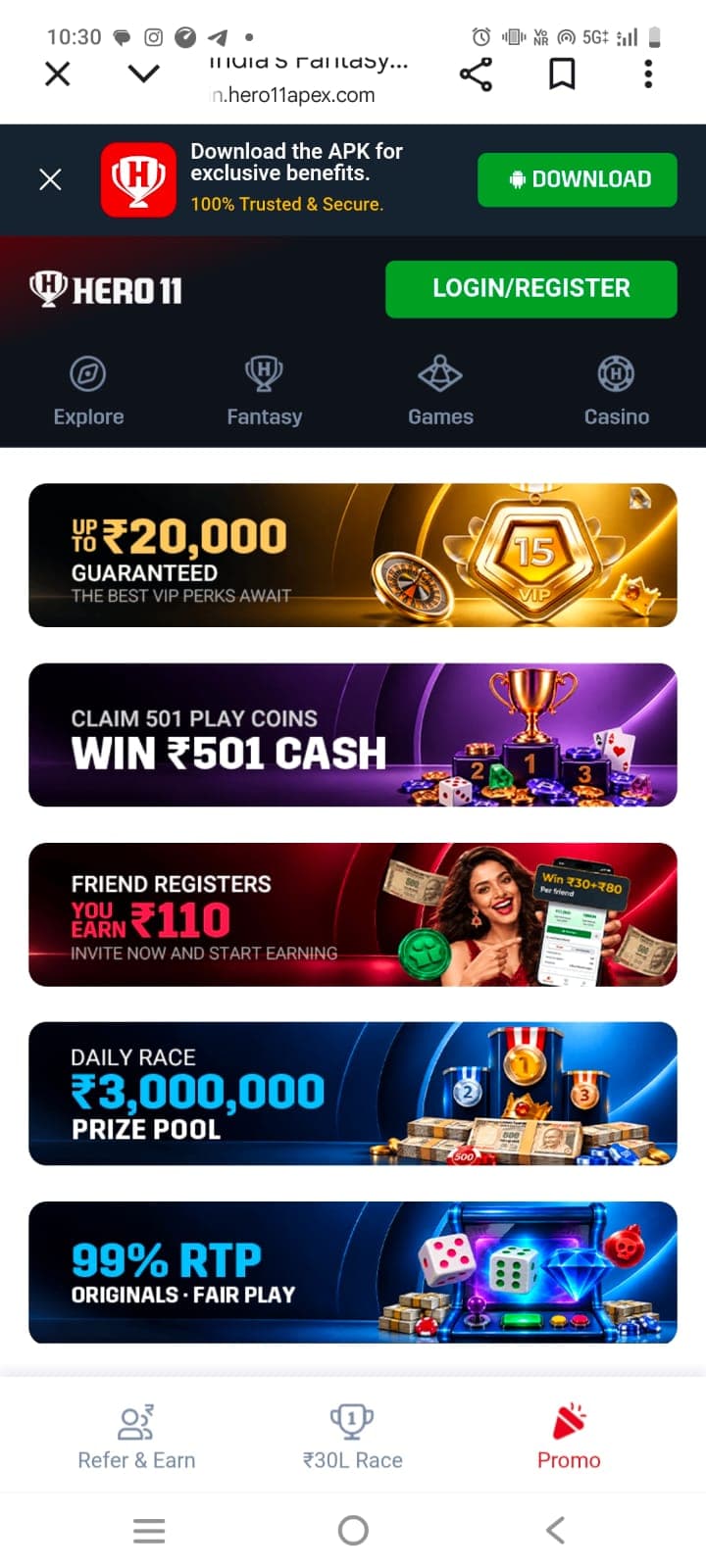 Hero11 Promotions tab displaying five primary bonus banners including VIP perks and daily race rewards