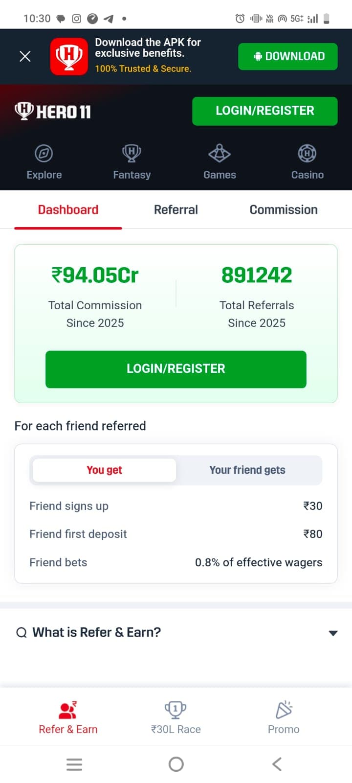 Hero11 Refer and Earn Dashboard screenshot showing commission tiers