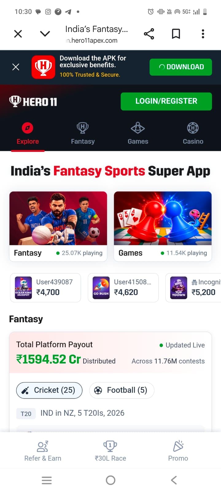 Hero11 contest card showing T20 match New Zealand vs India